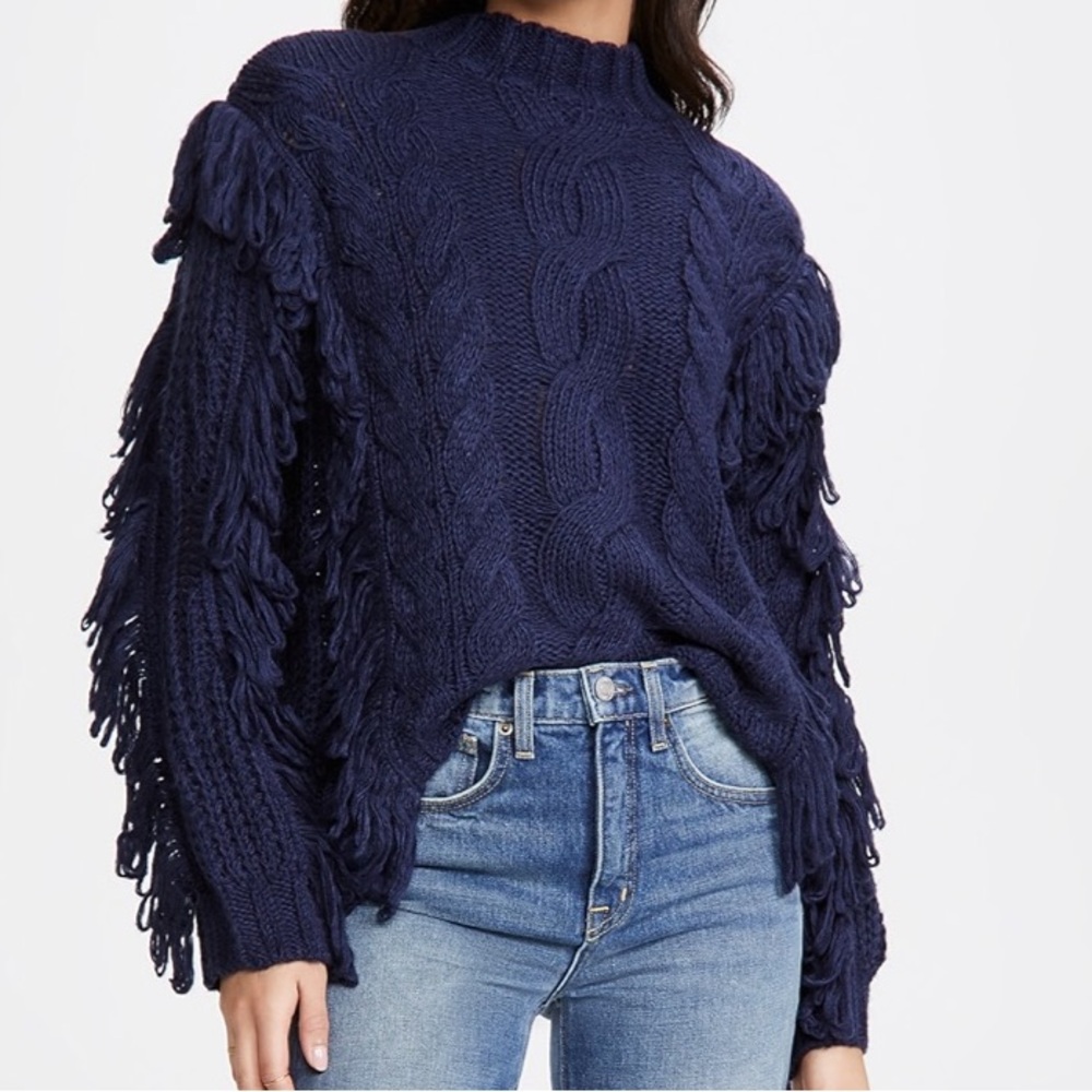 525 America Navy Cable Fringe Pullover Sweater, Large